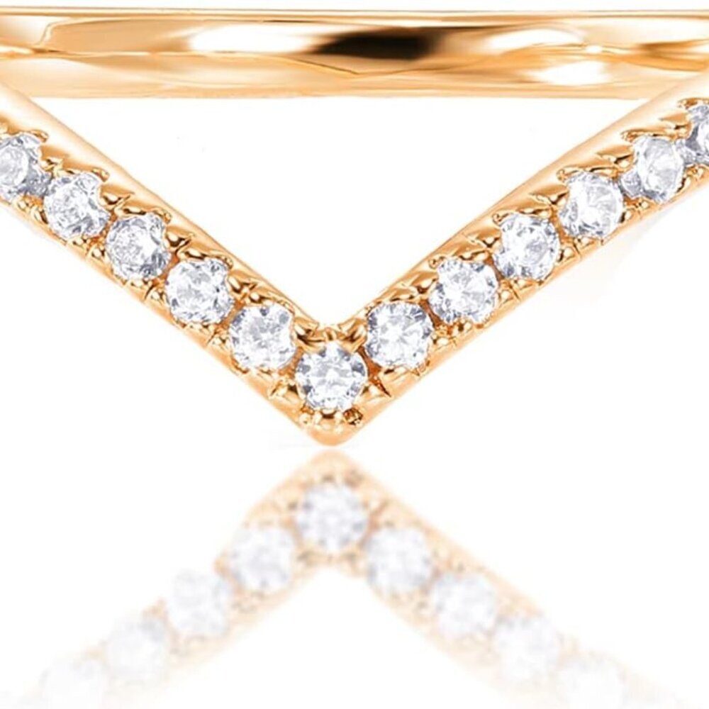 14K Gold Plated Sparkling Wishbone 'V' Ring for Women with Cubic Zirconia